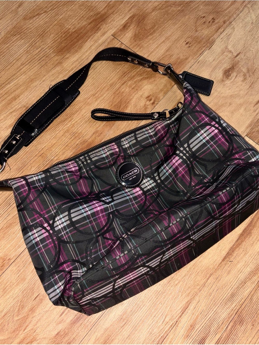 Coach Black and Pink Plaid Signature Shoulder Bag